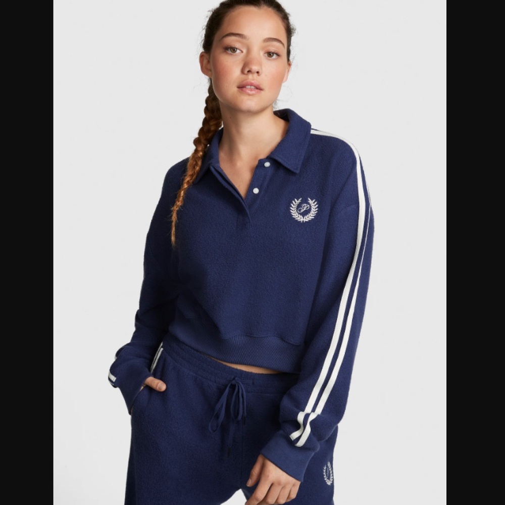 PINK Victoria’s Secret Reverse Fleece Cropped Polo Sweatshirt Midnight Navy